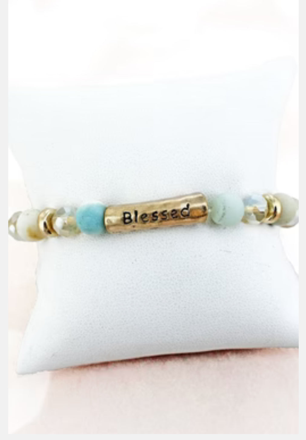 Crystal Ave., Gold tone “blessed” mint semi precious and glass bracelet