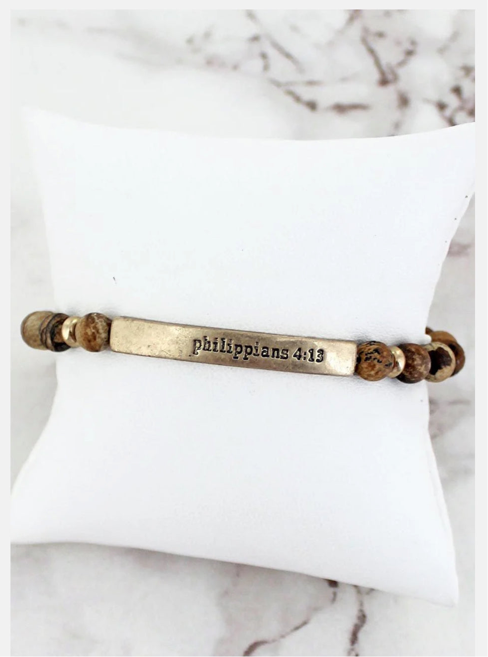 CRYSTAL AVENUE GOLDTONE 'PHILIPPIANS 4:13' BAR BROWN SEMI-PRECIOUS STONE BRACELET