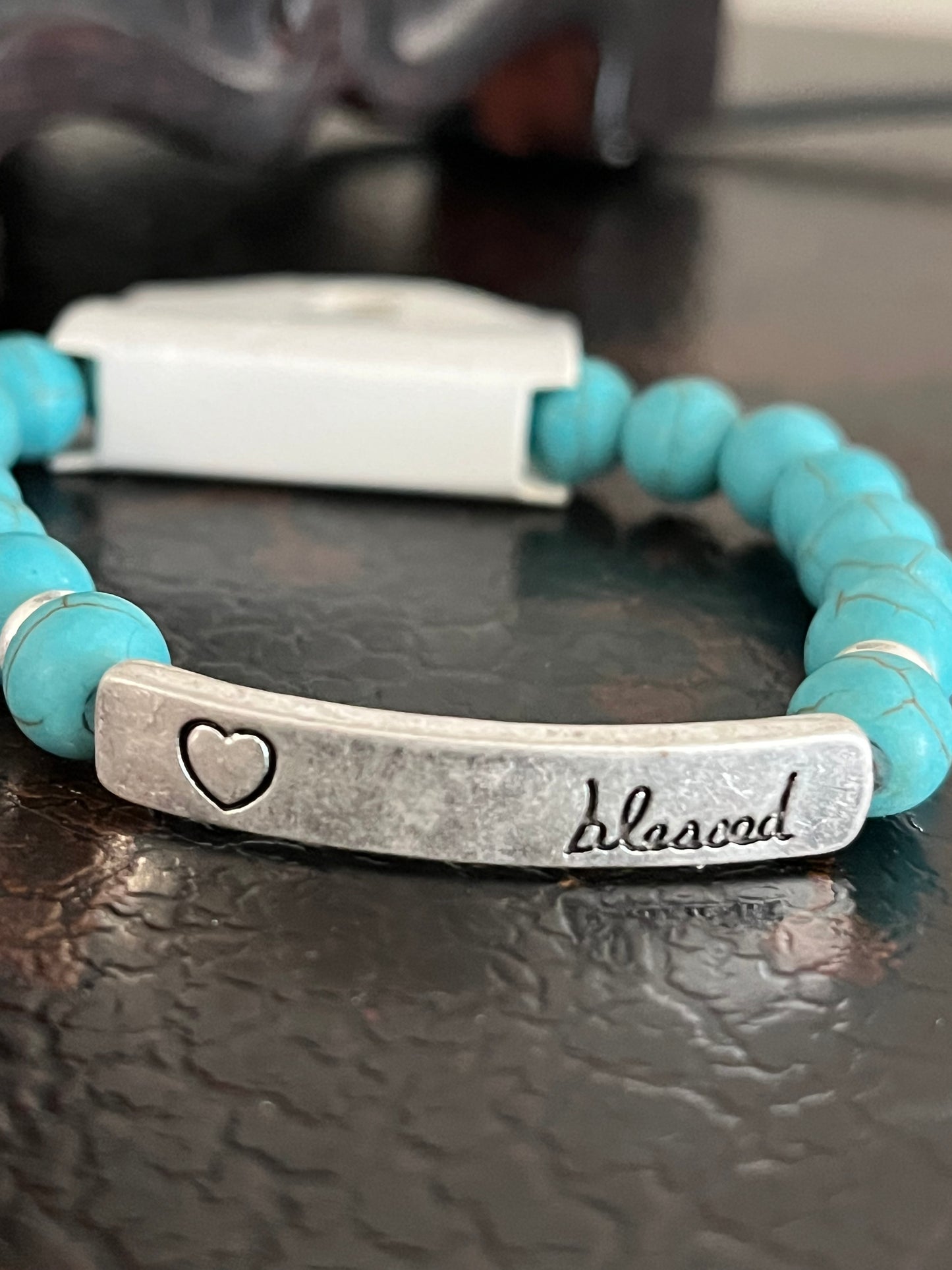 “Blessed” bar turquoise stretchy precious stone bracelet