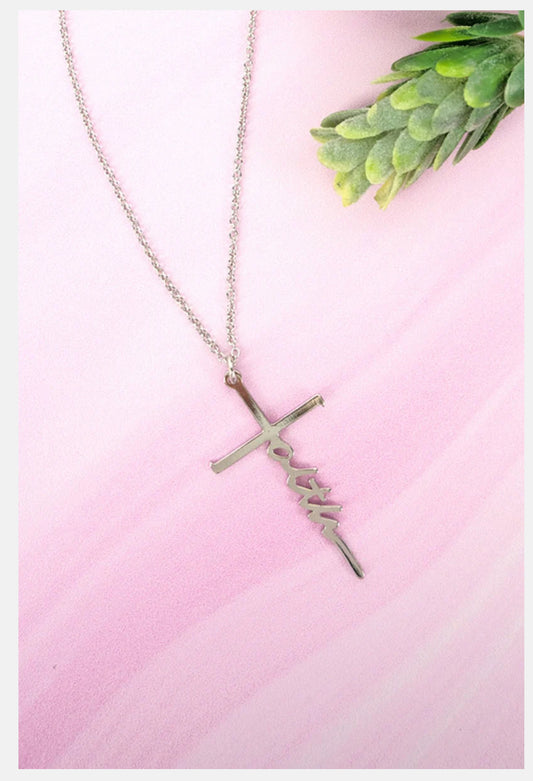 CRYSTAL AVENUE SILVERTONE FAITH CROSS NECKLACE