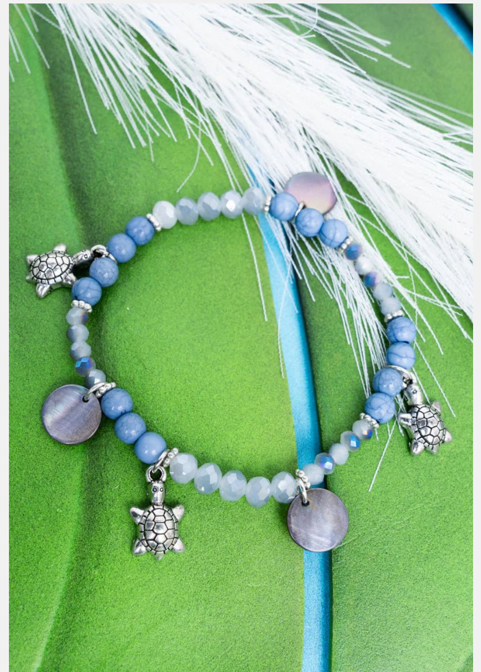 TURTLE AND SHELL DISK CHARM BLUE BEADED BRACELET