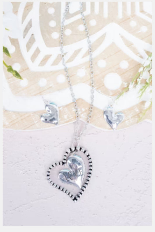 Silver tone “love” double heart necklace and earrings set