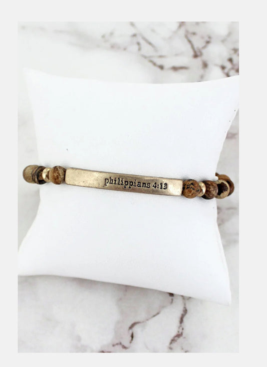 CRYSTAL AVENUE GOLDTONE 'PHILIPPIANS 4:13' BAR BROWN SEMI-PRECIOUS STONE BRACELET