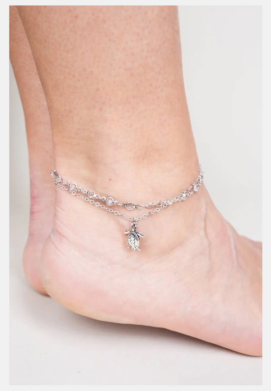 TURTLE CLEAR GLASS BEADED DOUBLE STRAND ANKLET