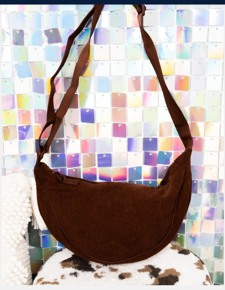 L.I.B. NEW YORK OUT EXPLORING BROWN CORDUROY HALF MOON BAG