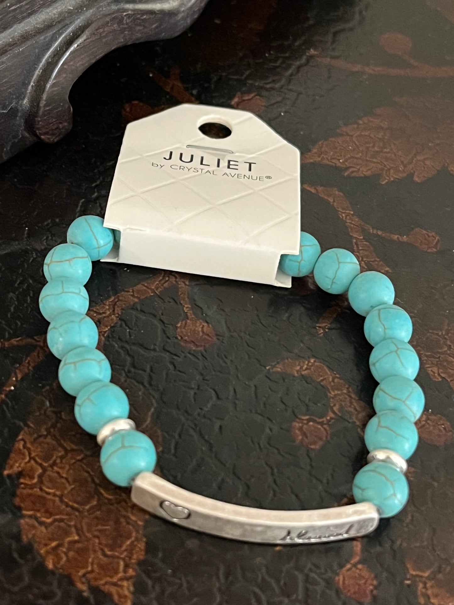 “Blessed” bar turquoise stretchy precious stone bracelet