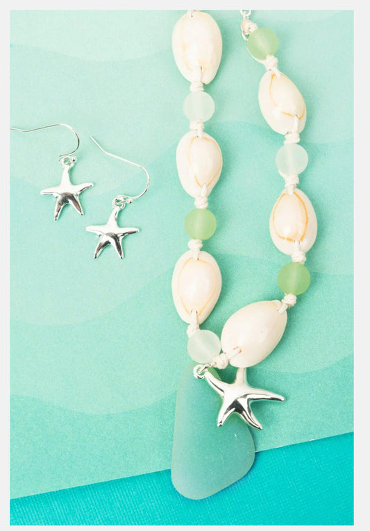 MINT COWRIE BEACH STARFISH NECKLACE AND EARRINGS SET