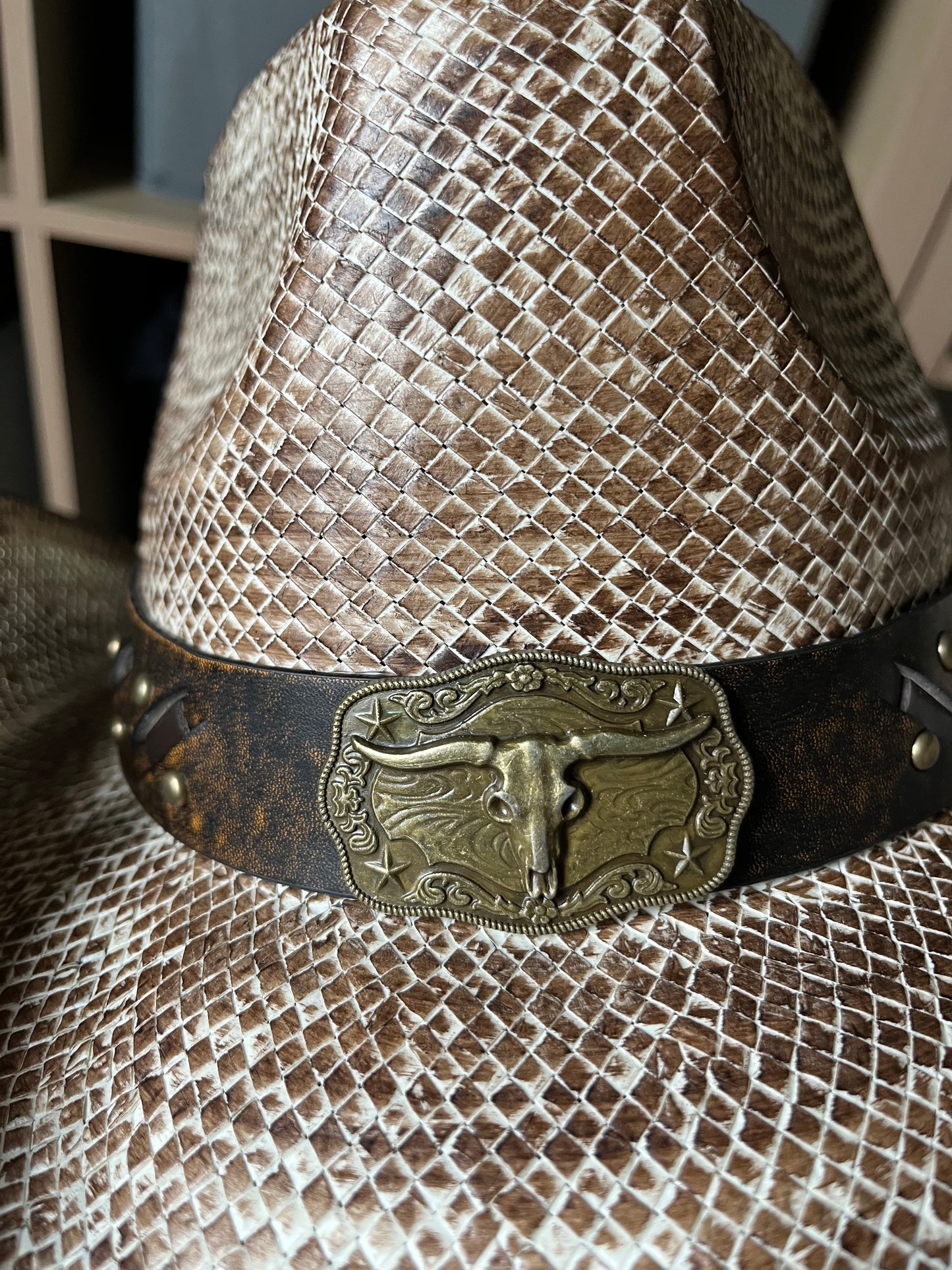 Vintage Cowboy Hat with Western Bull and Stud Faux Leather Band